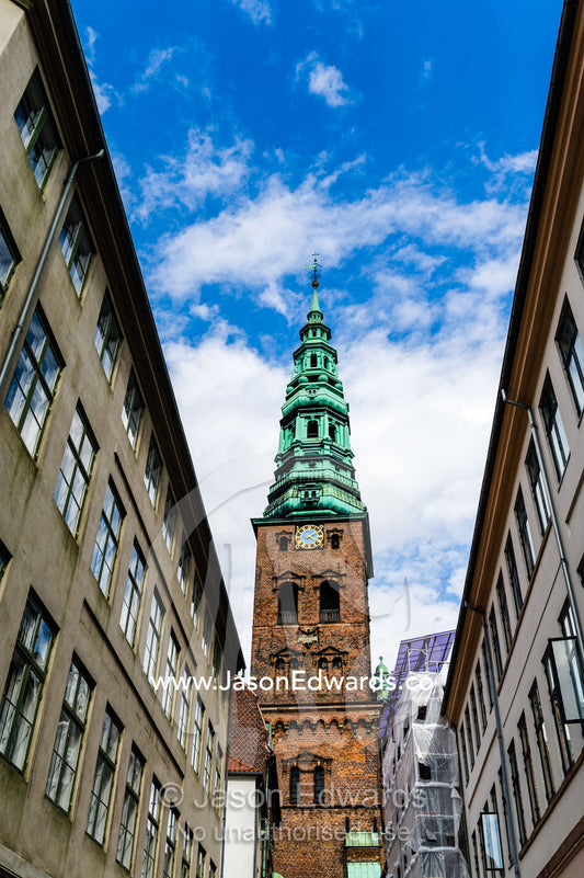The Steeple of Nikolaj Church above the Nikolaj Contemporary Art Center. Nikolaj Church, Copenhagen, Denmark.