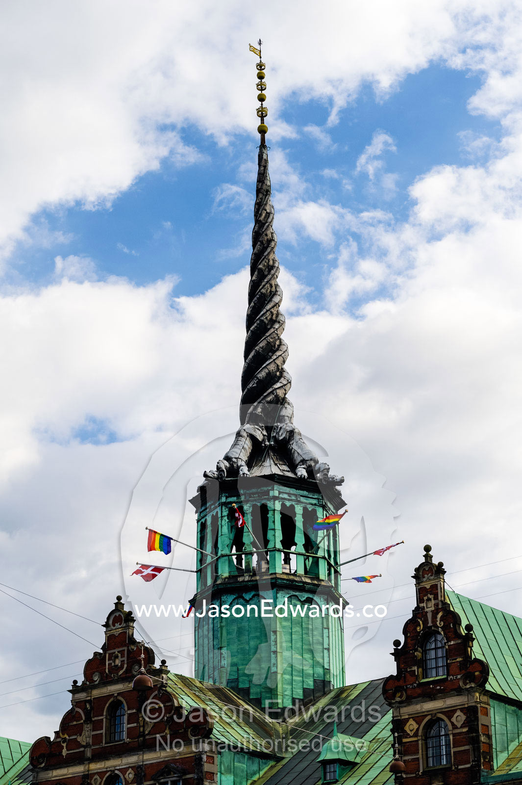 The Spiral steeple of the Borsen, the oldest  Stock Exchange in Denmark. Copenhagen, Denmark.