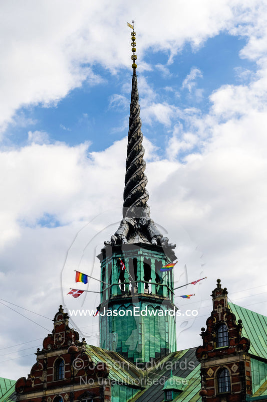 The Spiral steeple of the Borsen, the oldest  Stock Exchange in Denmark. Copenhagen, Denmark.