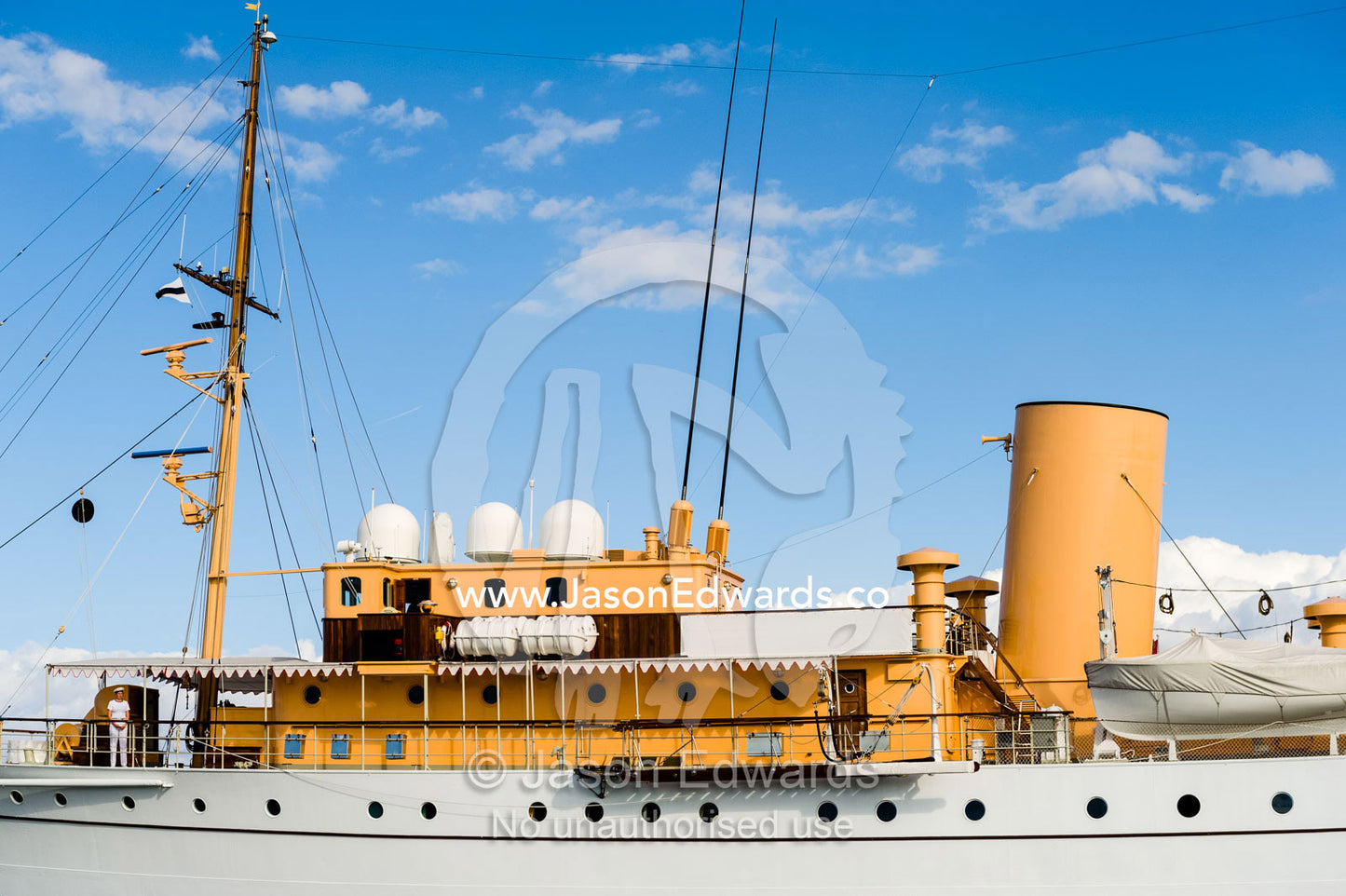 The funnel and portholes of the Royal Danish Yacht Dannebrog. Holmen, Copenhagen, Denmark.