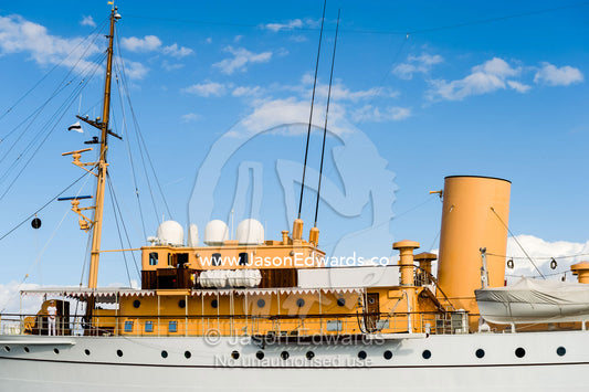 The funnel and portholes of the Royal Danish Yacht Dannebrog. Holmen, Copenhagen, Denmark.