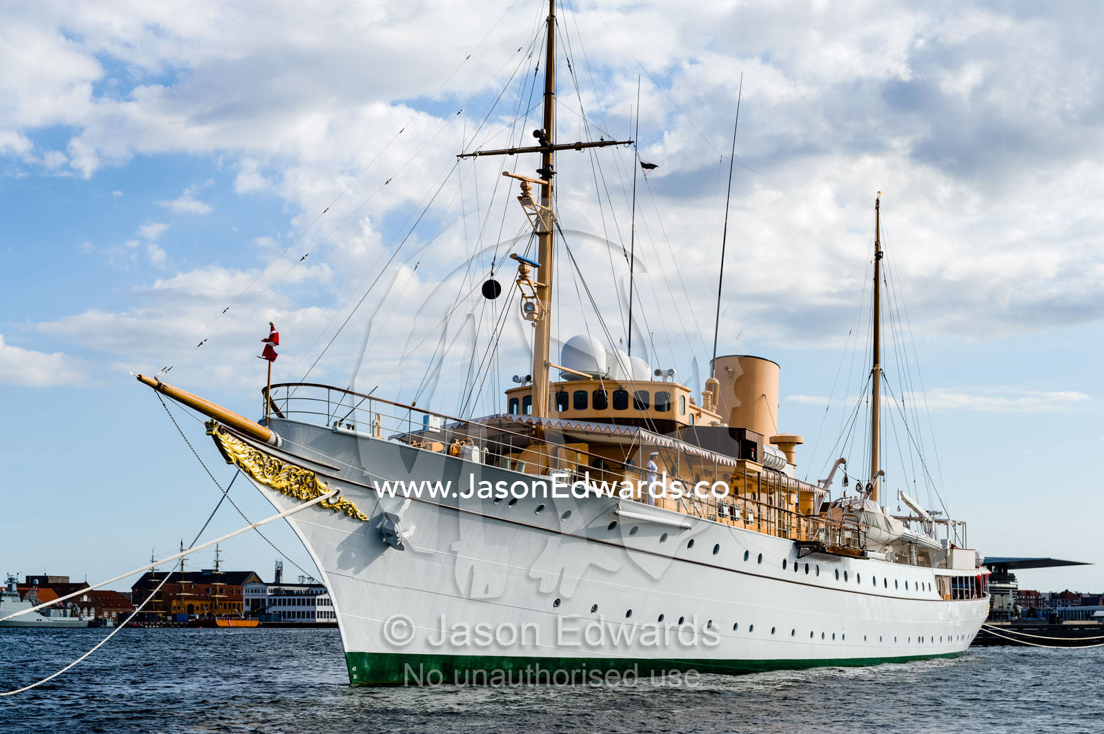 The bowsprit and portholes of the Royal Danish Yacht Dannebrog. Holmen, Copenhagen, Denmark.