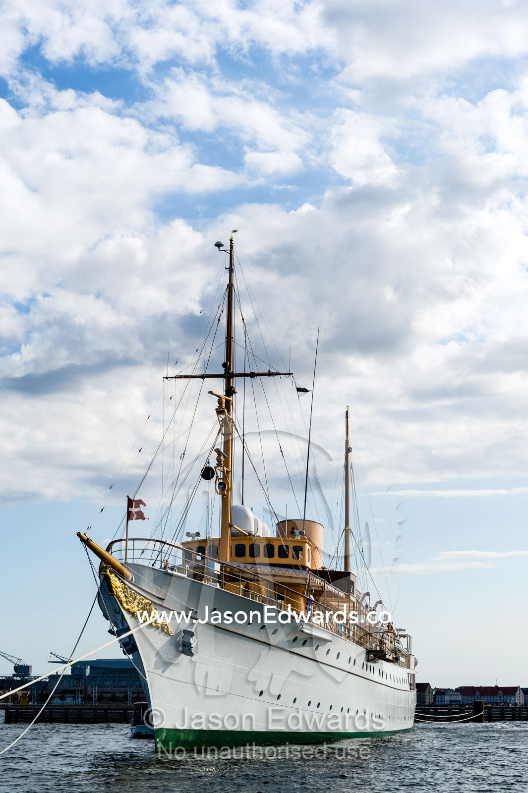 The bowsprit and portholes of the Royal Danish Yacht Dannebrog. Holmen, Copenhagen, Denmark.