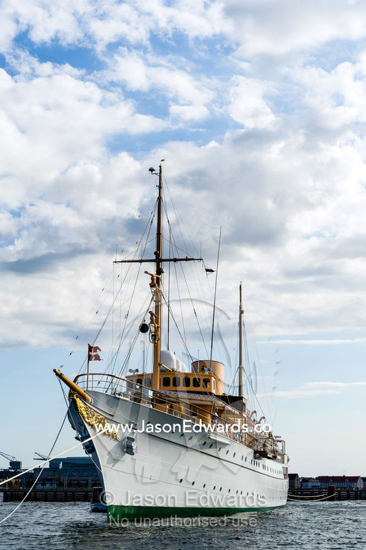 The bowsprit and portholes of the Royal Danish Yacht Dannebrog. Holmen, Copenhagen, Denmark.