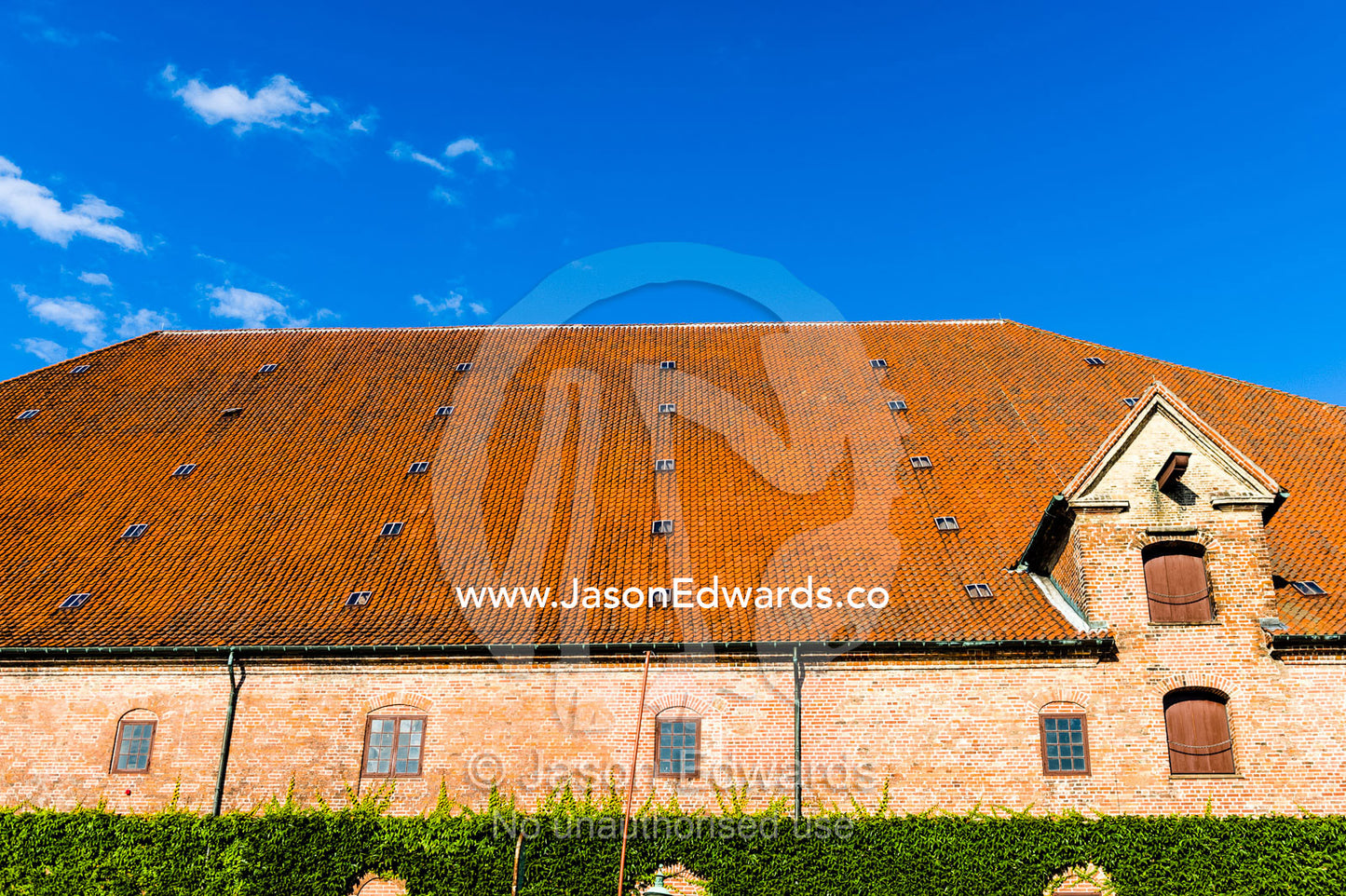 An orange tiled rooftop beneath a blue sky in Copenhagen. Bryghus Restaurant, Copenhagen, Denmark.