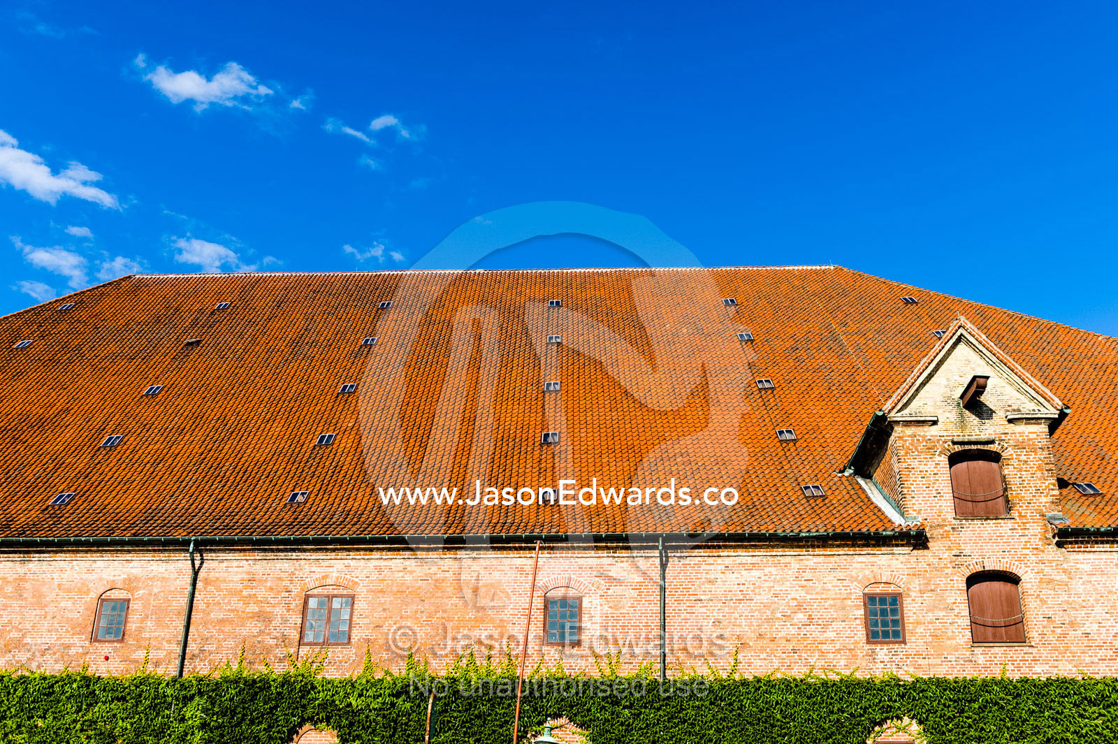 An orange tiled rooftop beneath a blue sky in Copenhagen. Bryghus Restaurant, Copenhagen, Denmark.