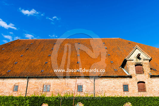 An orange tiled rooftop beneath a blue sky in Copenhagen. Bryghus Restaurant, Copenhagen, Denmark.