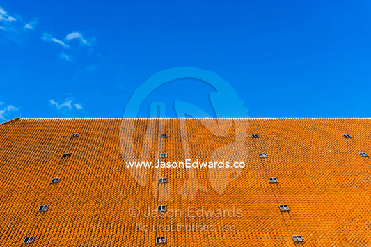 An orange tiled rooftop beneath a blue sky in Copenhagen. Bryghus Restaurant, Copenhagen, Denmark.