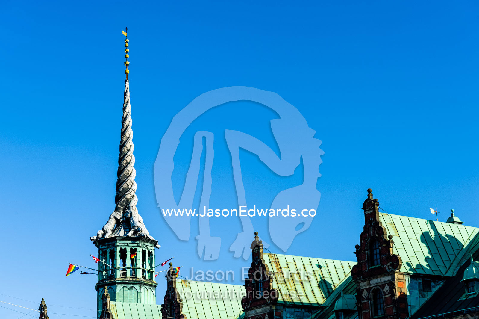 The Spiral steeple of the Borsen, the Stock Exchange. Copenhagen, Denmark.