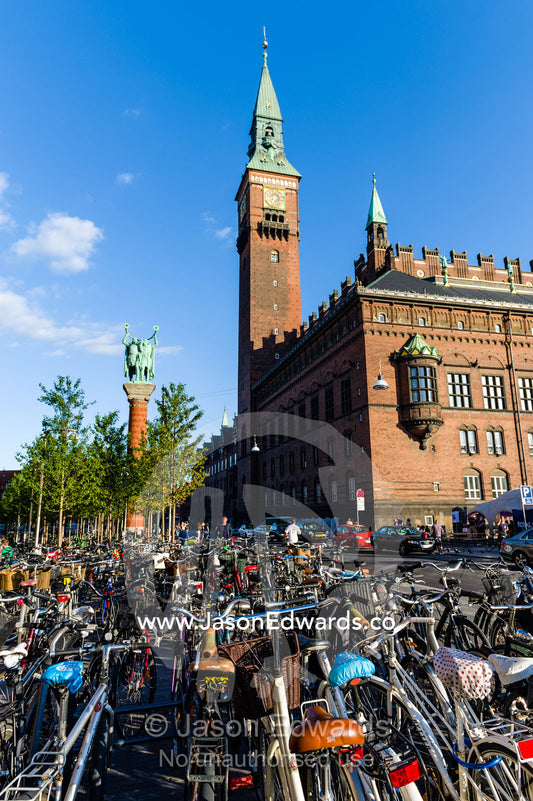 An enormous bike storage area in the Town Square Copenhagen. Lur Blowers Statue, City Hall, Town Square, Copenhagen, Denmark.