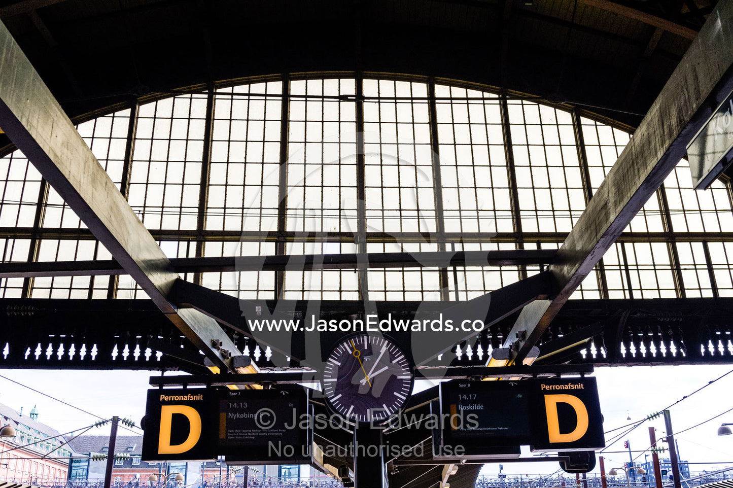 The steel and glass vaulted ceiling above a train platform. Copenhagen Central Train Station, Copenhagen, Denmark.