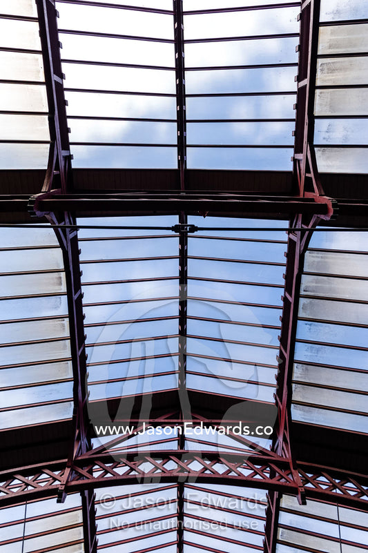 The steel and glass vaulted ceiling above a train platform. Copenhagen Central Train Station, Copenhagen, Denmark.