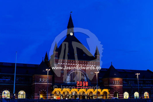 An LED digital clock at the main entrance of a train station. Copenhagen, Denmark.