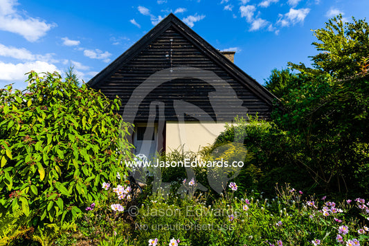 The pitched roof of a house surrounded by a cottage garden. Humlebaek, Copenhagen, Denmark.