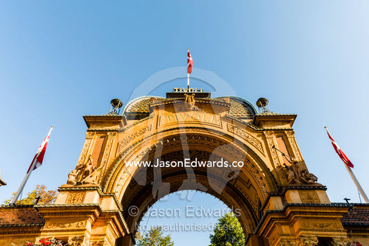 The ornate archway leading into the Tivoli Gardens. Tivoli Gardens, Copenhagen, Denmark.