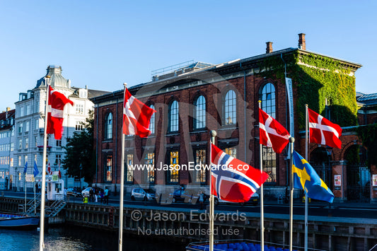 Danish flags fluttering in the wind by a canal. Nyhavn Canal, Copenhagen, Hovedstaden Region, Denmark.
