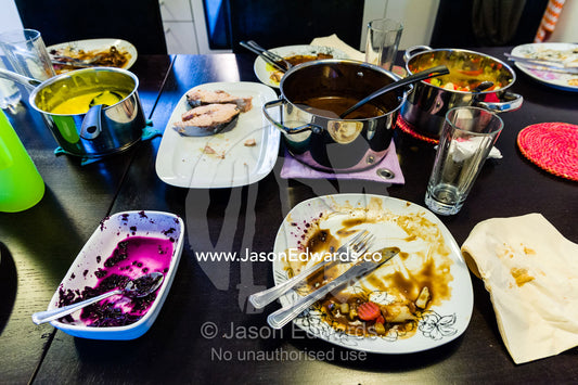 The remains of a traditional Greenland meal of reindeer, fish and vegetables. Kangaamiut, Gammel Sukkertoppen, Qeqqata Municipality, Greenland.