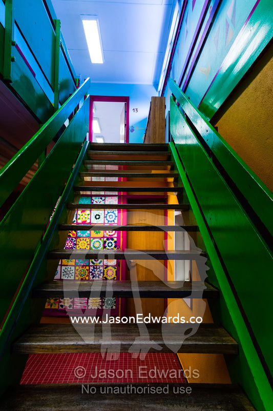 A green stairwell in an elementary school in the arctic. Kangaamiut, Gammel Sukkertoppen, Qeqqata Municipality, Greenland.
