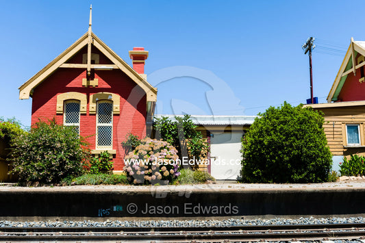 An antique railway station and platform in a rural town. Forbes, New South Wales, Australia.