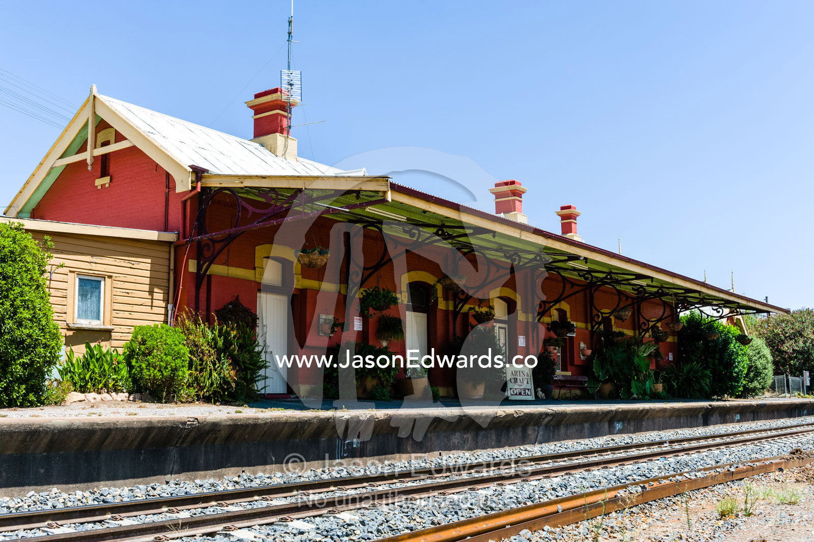 An arts and crafts shop on an antique railway station and platform in a rural town. Forbes, New South Wales, Australia.