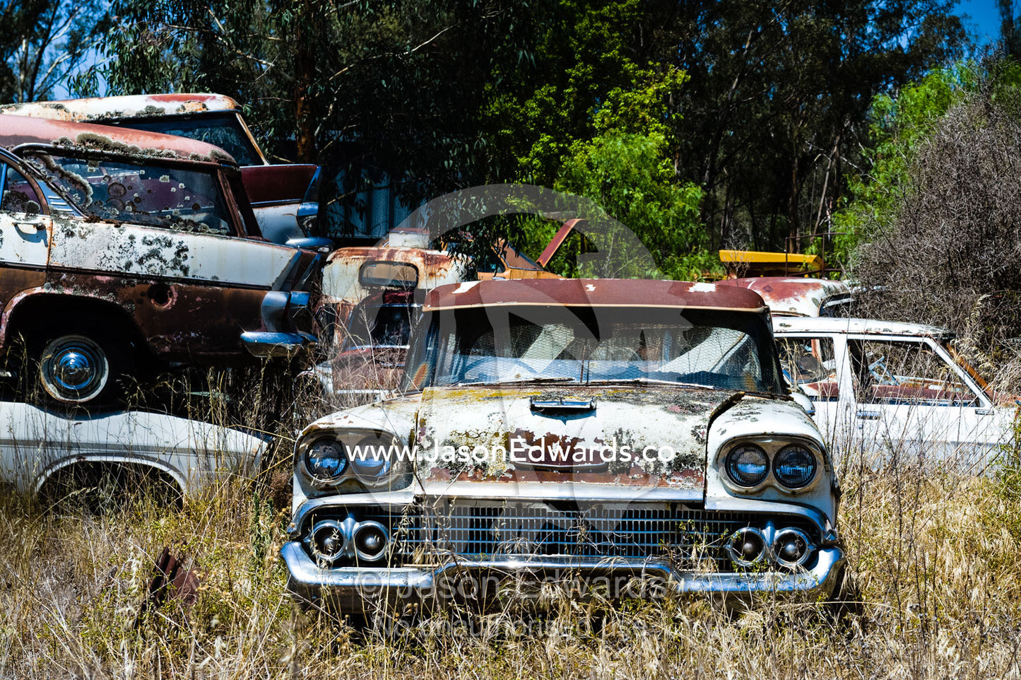 Classic American cars rusting in a field ina rural town. Peak Hill, New South Wales, Australia.