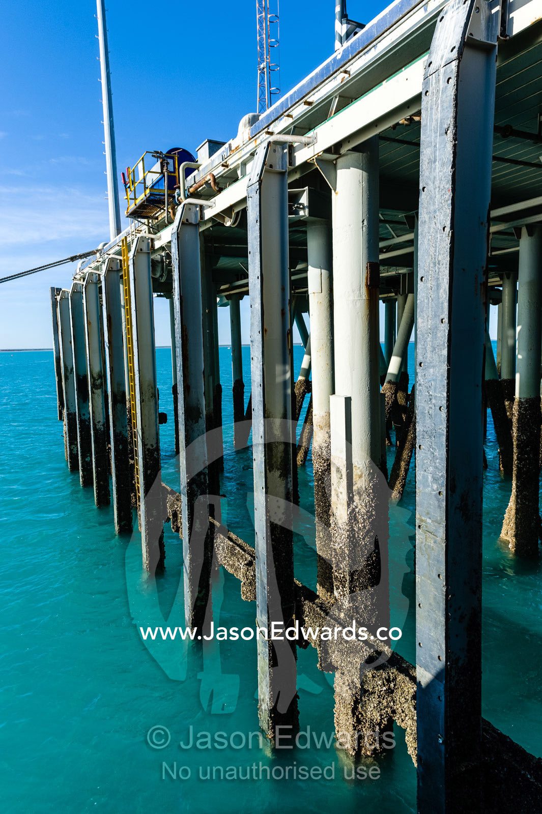 High tide water marks are visible on jetty pylons at low tide. Broome, Kimberley Coast, Western Australia, Australia.