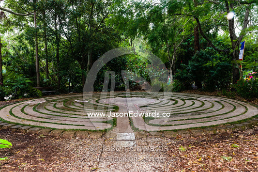 A labyrinth maze in a botanical garden. Crystal Castle, Shambhala Gardens, Mullumbimby, New South Wales, Australia.