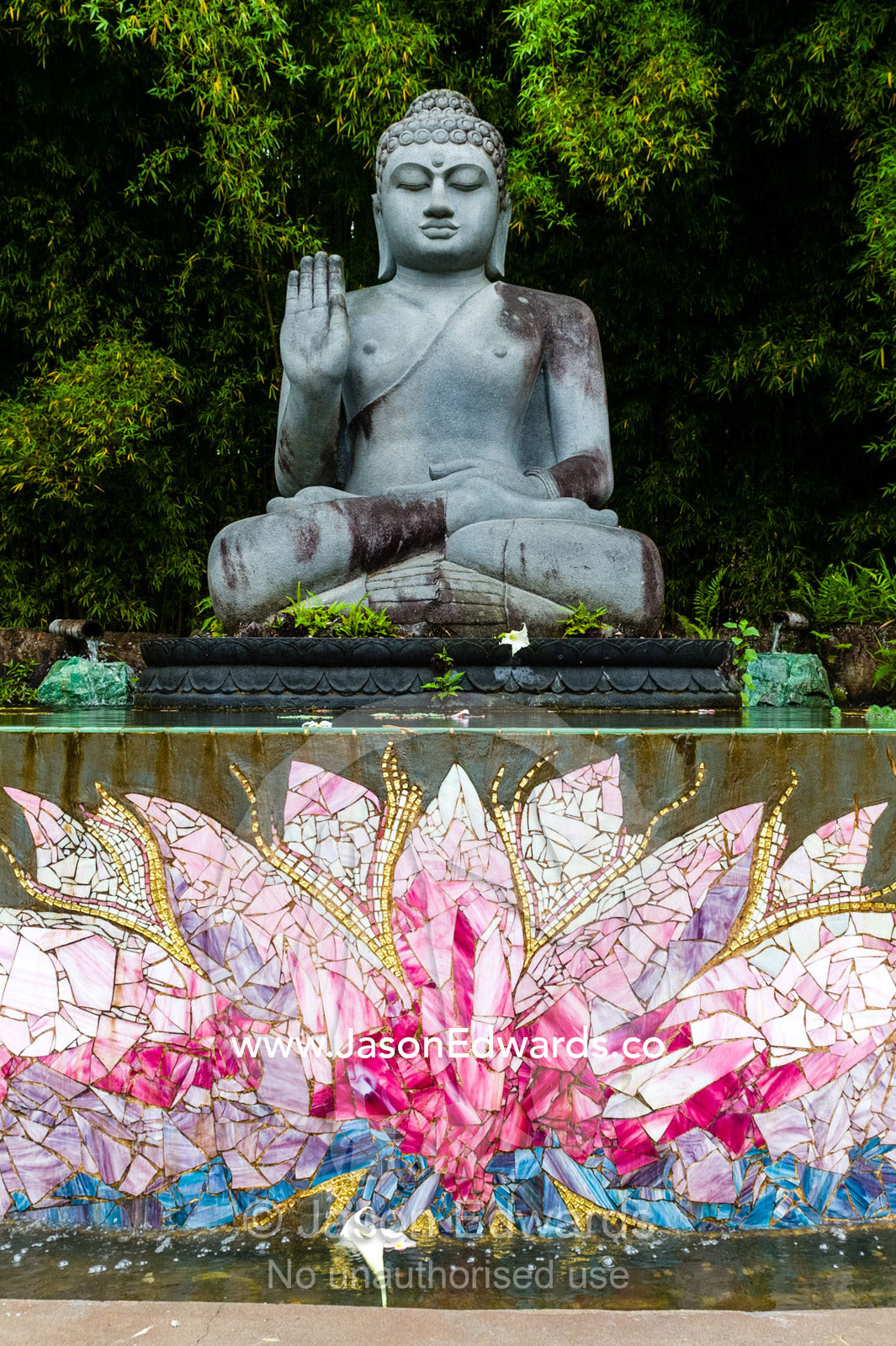 A statue of buddha offering a blessing over a lotus pond in a botanical garden. Crystal Castle, Shambhala Gardens, Mullumbimby, New South Wales, Australia.