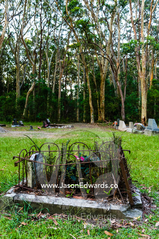 Weeds in a child's grave in a forest cemetery in a rural town. Arakoon Cemetery, Arakoon, New South Wales, Australia.