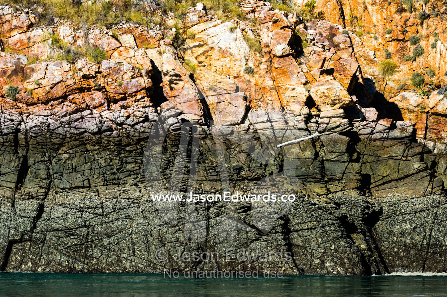 The hide tide mark and cyanobacteria stain on a sandstone cliff above the ocean. Horizontal Falls, McLarty Range, Talbot Bay, Kimberley Coast, Western Australia, Australia.