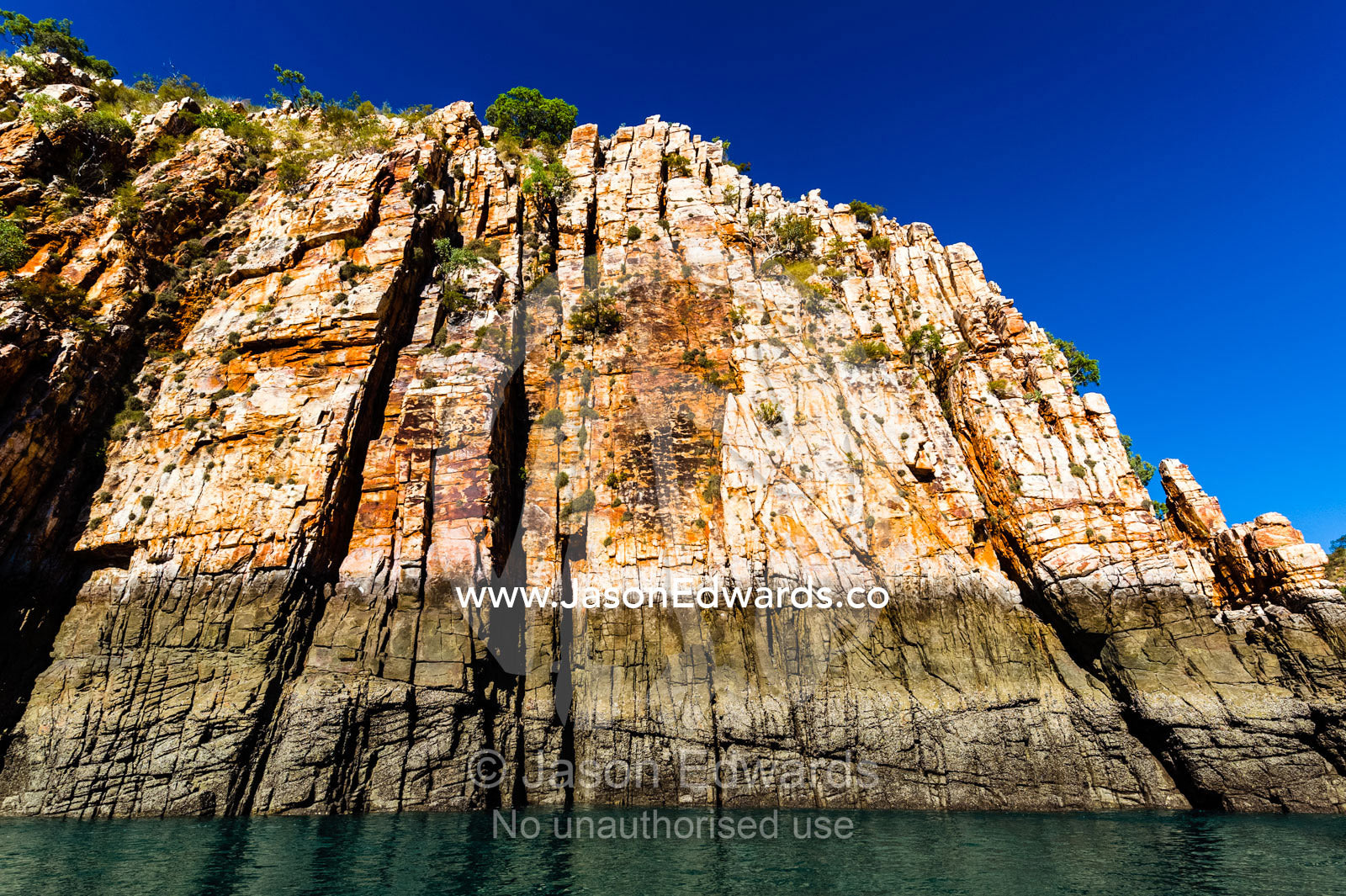 The hide tide mark and cyanobacteria stain on a sandstone cliff above the ocean. Horizontal Falls, McLarty Range, Talbot Bay, Kimberley Coast, Western Australia, Australia.
