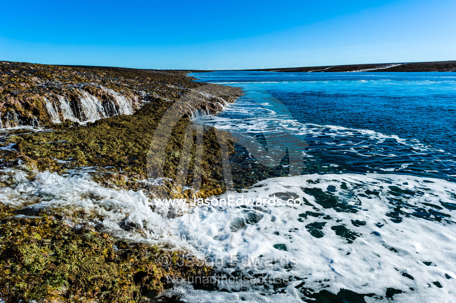 Water cascades from the surface of an exposed coral reef at low tide. Montgomery Reef, Camden Sound, Kimberley Coast, Western Australia, Australia.