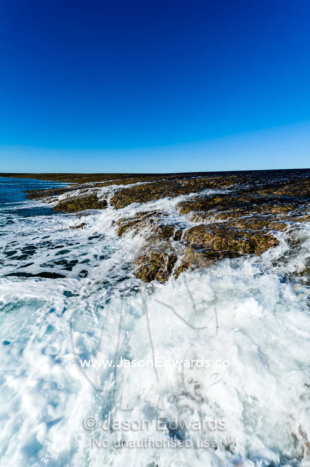 Water cascades from the surface of an exposed coral reef at low tide. Montgomery Reef, Camden Sound, Kimberley Coast, Western Australia, Australia.