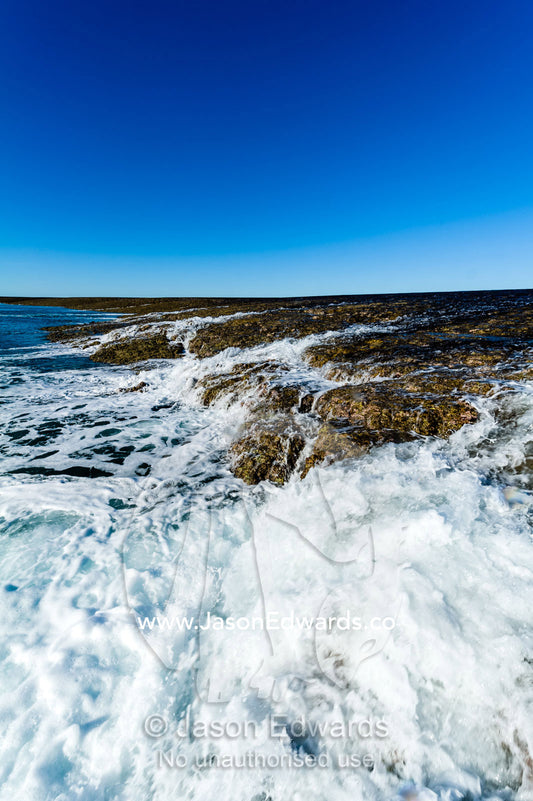 Water cascades from the surface of an exposed coral reef at low tide. Montgomery Reef, Camden Sound, Kimberley Coast, Western Australia, Australia.