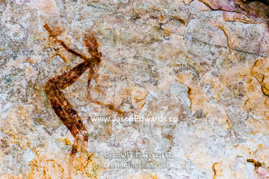 Ancient Aboriginal Gwion Gwion rock paintings also know as Bradshaw rock art featuring a animal figures estimated at 50,000 years old on a cave wall. Jar Island, Vansittart Bay, Kimberley Coast, Western Australia, Australia.