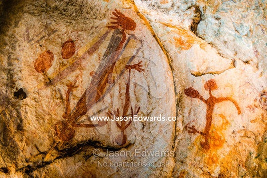 Ancient Aboriginal Gwion Gwion rock paintings also know as Bradshaw rock art featuring a animal figures estimated at 50,000 years old on a cave wall. Jar Island, Vansittart Bay, Kimberley Coast, Western Australia, Australia.