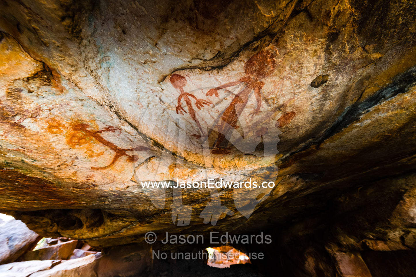 Ancient Aboriginal Gwion Gwion rock paintings also know as Bradshaw rock art featuring a animal figures estimated at 50,000 years old on a cave wall. Jar Island, Vansittart Bay, Kimberley Coast, Western Australia, Australia.