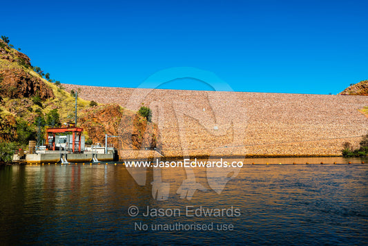 The Lake Argyle dam wall and outlet station of the Ord River hydro power plant. Ord River Dam, Lake Argyle, Kimberley Coast, Western Australia, Australia.