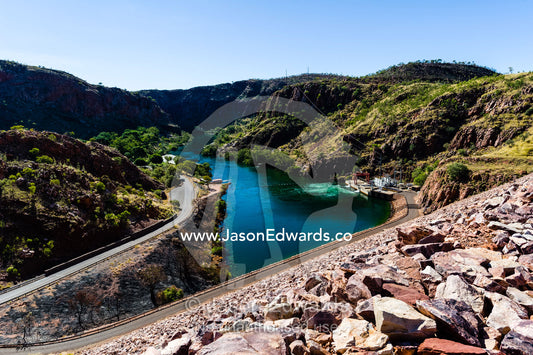 The Lake Argyle dam wall and outlet station of the Ord River hydro power plant. Ord River Dam, Lake Argyle, Kimberley Coast, Western Australia, Australia.