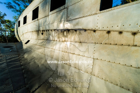 The wrecked wing and fuselage of a DC-3 in the forest after crashing during WWII. Jar Island, Vansittart Bay, Kimberley Coast, Western Australia, Australia.