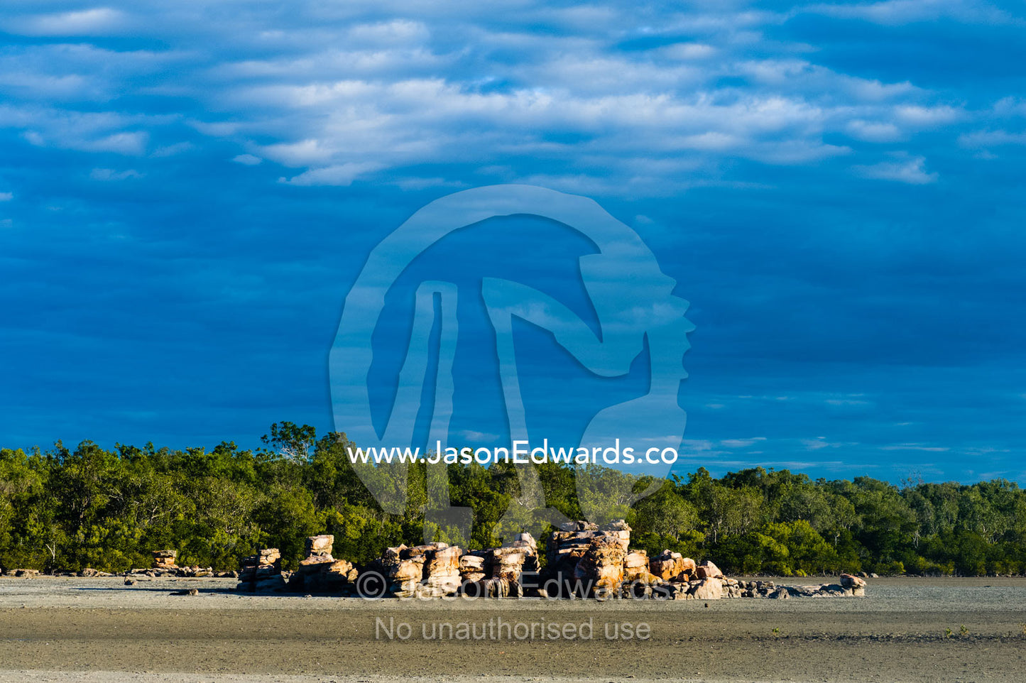 Scattered boulders on a tidal marsh salt flat behind coastal sand dunes. Jar Island, Vansittart Bay, Kimberley Coast, Western Australia, Australia.