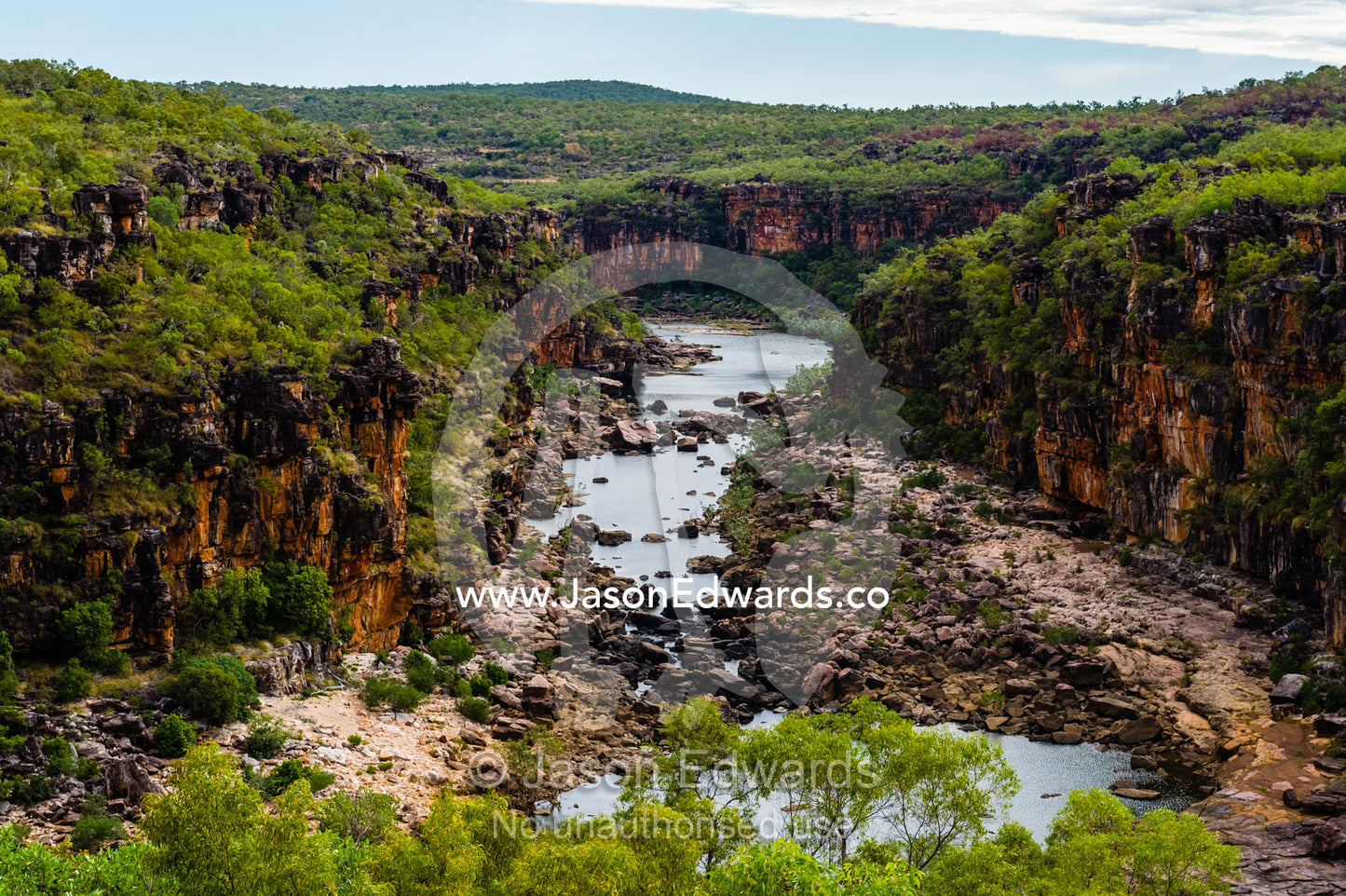 The Mitchell River winds it's way through a sandstone gorge in the Kimberley. Mitchell River, Mitchell River National Park, Mitchell Plateau, Kimberley Coast, Western Australia, Australia.