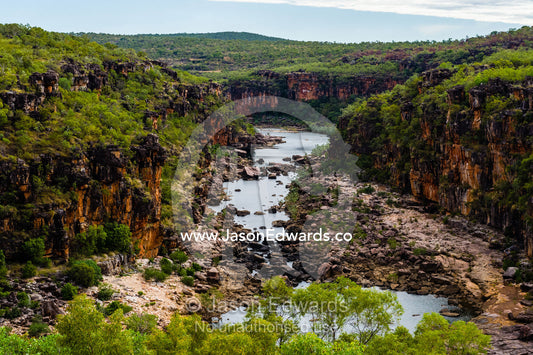 The Mitchell River winds it's way through a sandstone gorge in the Kimberley. Mitchell River, Mitchell River National Park, Mitchell Plateau, Kimberley Coast, Western Australia, Australia.