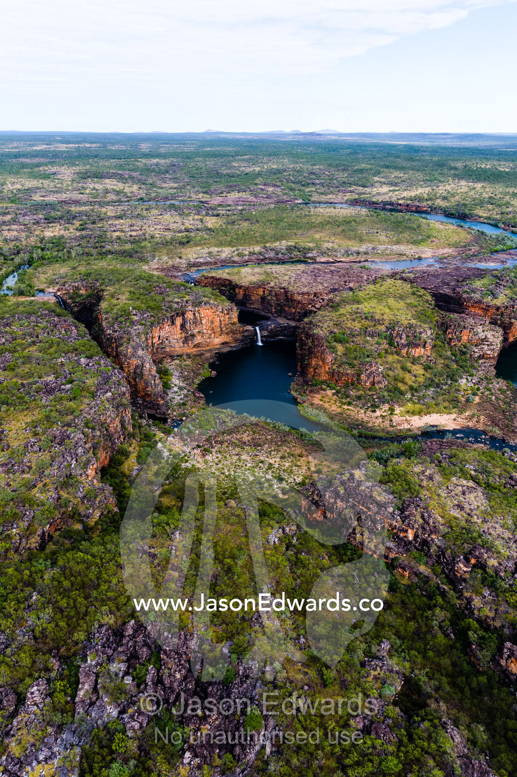 The Mitchell River winds it's way through a sandstone gorge in the Kimberley. Mitchell Falls, Mitchell River National Park, Mitchell Plateau, Kimberley Coast, Western Australia, Australia.