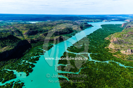 An aerial view of river tidal inlets winding their way through mangrove forests. Porosus Creek, Hunter River, Mitchell River National Park, Mitchell Plateau, Kimberley Coast, Western Australia, Australia.