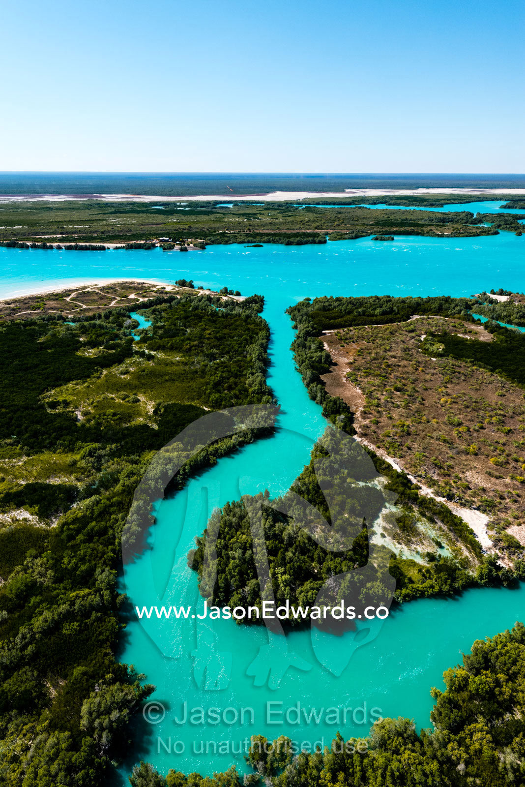 A turquoise tidal river winding it's way through mangroves in a tidal estuary. Willie Creek, Willie Creek Pearl Farm, Broome, Western Australia, Australia.