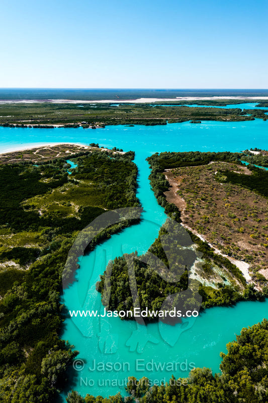 A turquoise tidal river winding it's way through mangroves in a tidal estuary. Willie Creek, Willie Creek Pearl Farm, Broome, Western Australia, Australia.