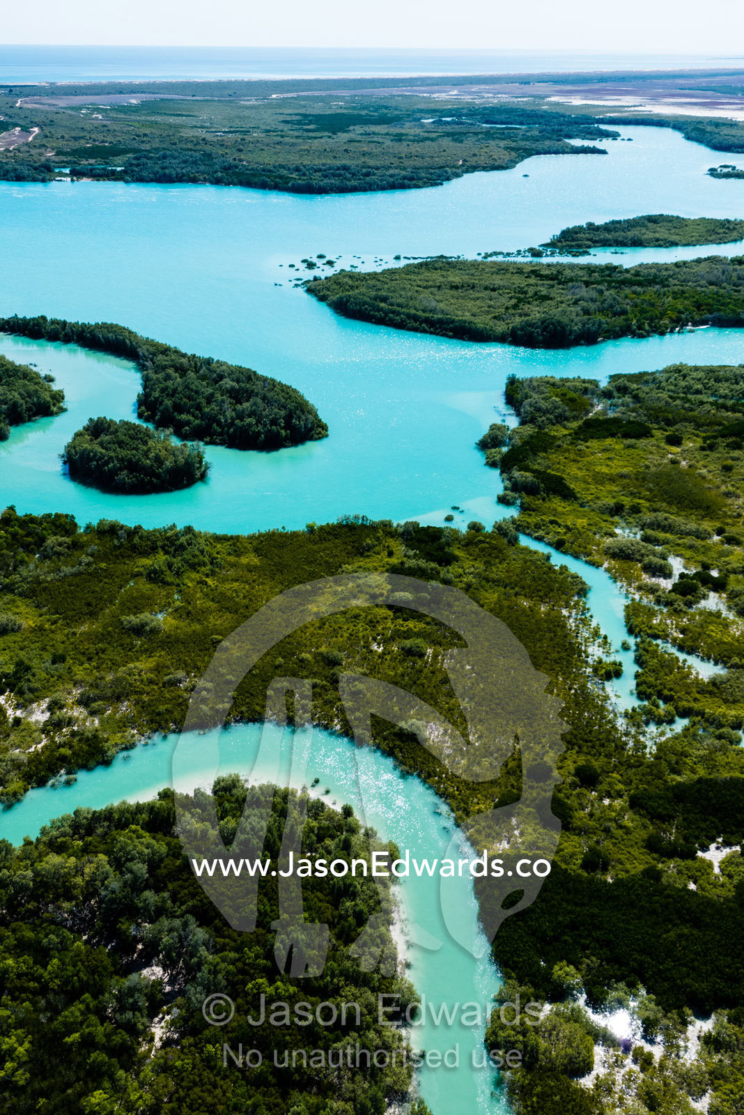 A turquoise tidal river winding it's way through mangroves in a tidal estuary. Willie Creek, Willie Creek Pearl Farm, Broome, Western Australia, Australia.