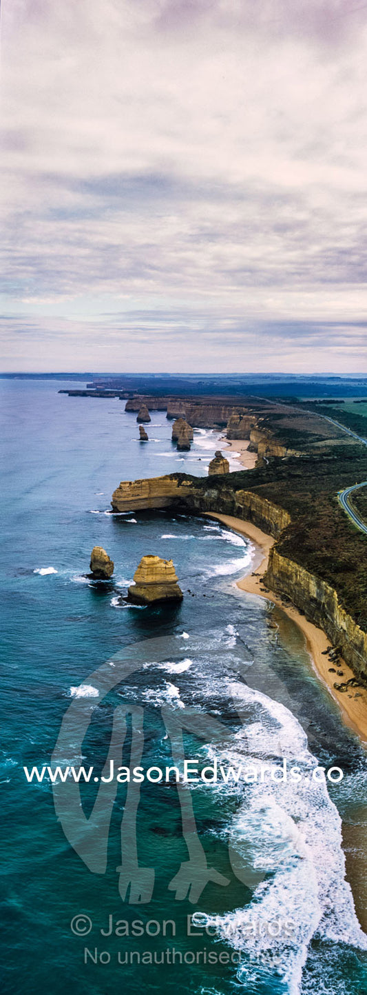 An aerial view of the sheer limestone cliffs and the Twelve Apostles pillars. Twelve Apostles, Port Campbell National, Great Ocean Road, Victoria, Australia.