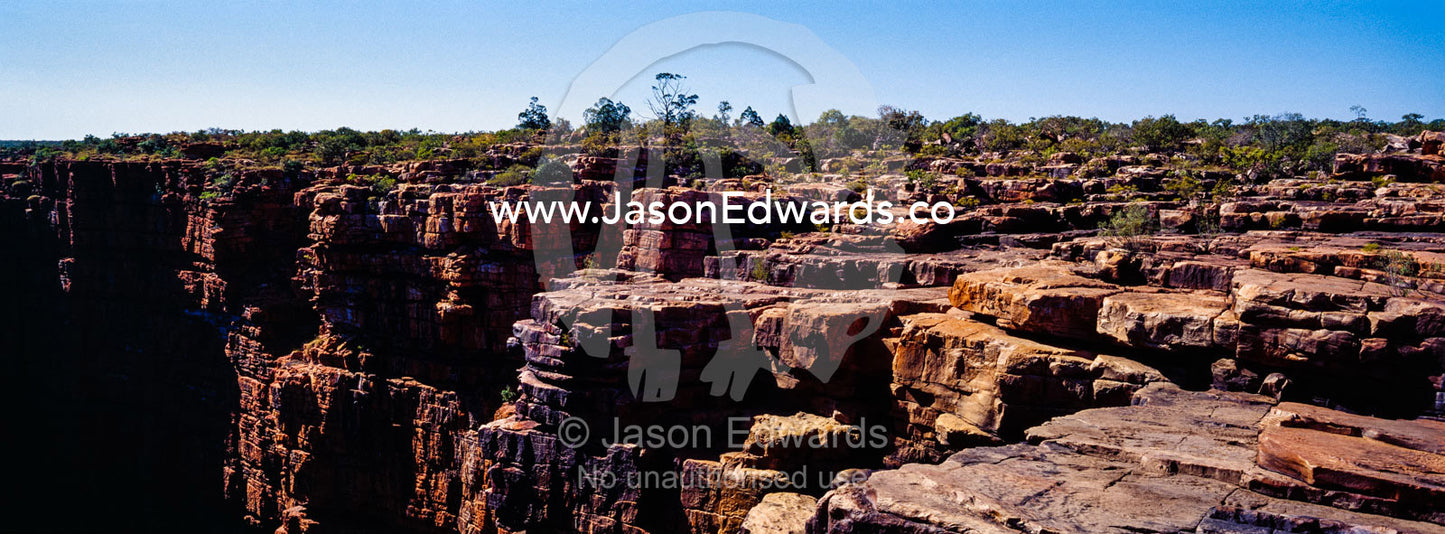 The erosion on the surface of a sandstone plateau from a river. King George River, King George Falls, Gardner Plateau, Kimberley Coast, Western Australia, Australia.